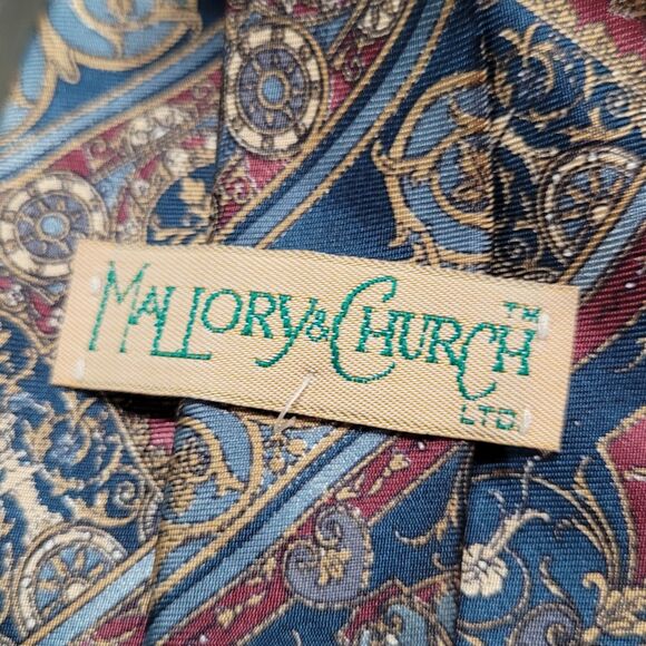 Vtg Mallory & Church Necktie  Blue Geometric 100% Silk Tie Made in USA - Picture 4 of 6